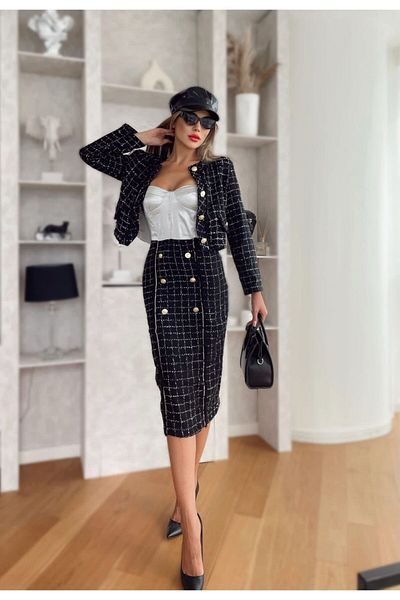 1Moda1Tarz Women's Imported Tweed Fabric Checked Pattern Button Detailed Lined Bottom-Top Suit