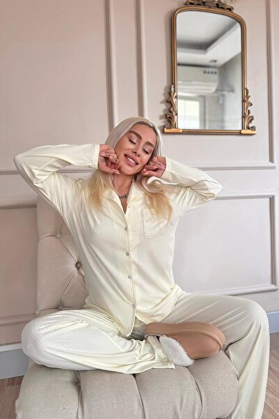 Pijamaevi Sarı Dublin Önden Düğmeli Uzun Kollu Kadın Pijama Takımı