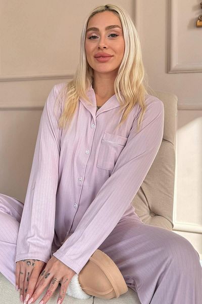 Pijamaevi Set de pijamale cu mânecă lungă cu nasturi în față Lila Dublin pentru femei