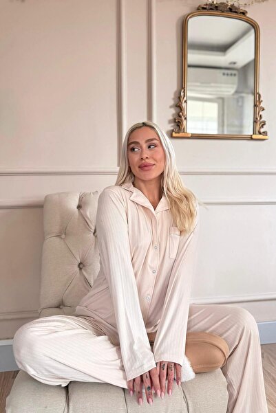 Pijamaevi Light Beige Dublin Front Button Long Sleeve Women's Pajamas Set