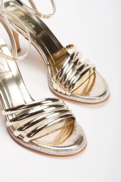elvinshoes Kane Kadın Altın Taşlı Biyeli Abiye Ayakkabı