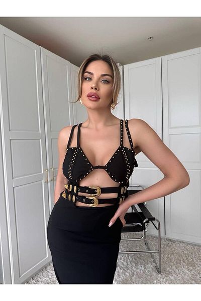 1Moda1Tarz Γυναικείο Εισαγόμενο Ύφασμα Πέρλα Κεντημένη Ζώνη Λεπτομερή Φόρεμα Ειδικού Σχεδιασμού με Φόδρα