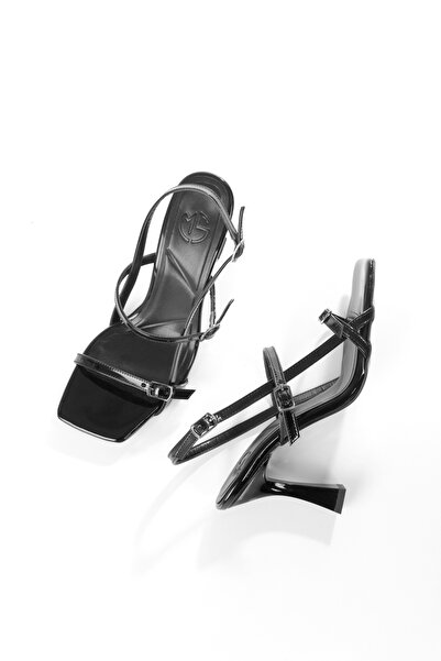 Modabuymus Black Patent Leather Filar Thin Strap Heeled Sandals