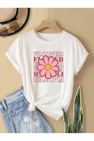 Let's Wear Μπλουζάκι με φλοράλ εμπριμέ συμπαγές χτενισμένο βαμβακερό λαιμόκοψη