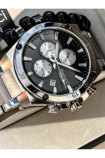 Ferrucci 45mm Kasa,fonksiyonları Aktif,gümüş Çelik Kordon, Siyah Kadran Takvimli Erkek Kol Saati Bileklik