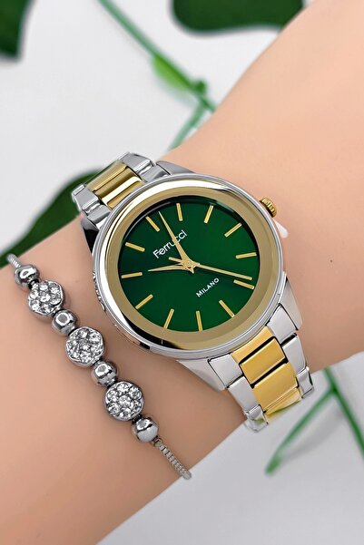 Ferrucci Çelik Kordon Çelik Kasa Kadın Kol Saati, 3 ATM Su Geçirmez Gold-Gümüş-Yeşil zmfer177
