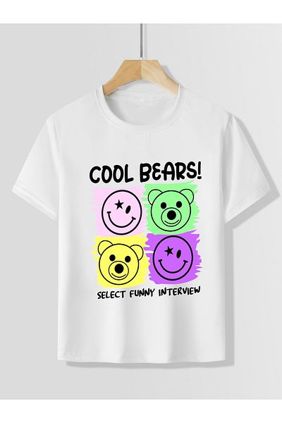 Let's Wear Cool Bear Printed Compact χτενισμένο βαμβακερό μπλουζάκι με λαιμόκοψη για παιδιά