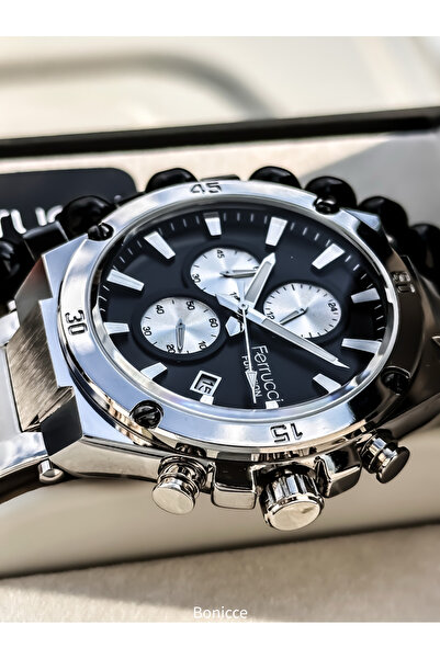 Ferrucci 45mm Kasa,fonksiyonları Aktif,gümüş Çelik Kordon, Siyah Kadran Takvimli Erkek Kol Saati Bileklik