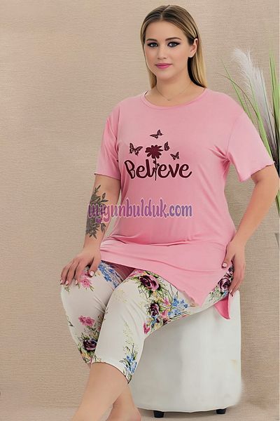 quilling Pink Color and Flower Pattern Lady 10724 Women's Capri Plus Size Pajamas Set