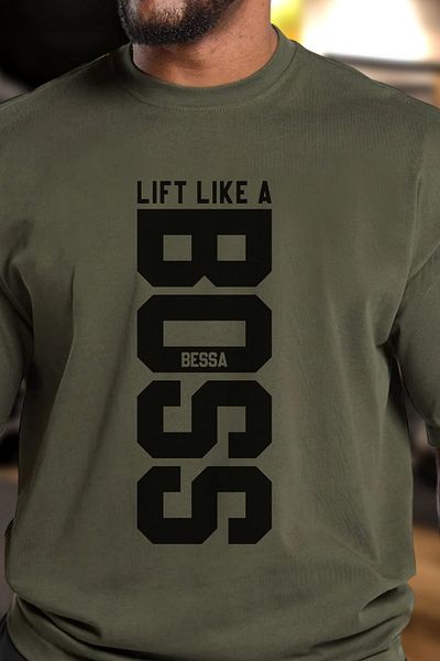 BESSA Ανδρικό μπλουζάκι Oversize Χακί Βαμβακερό Αθλητικό - Πλήρης λαιμόκοψη, εμπριμέ