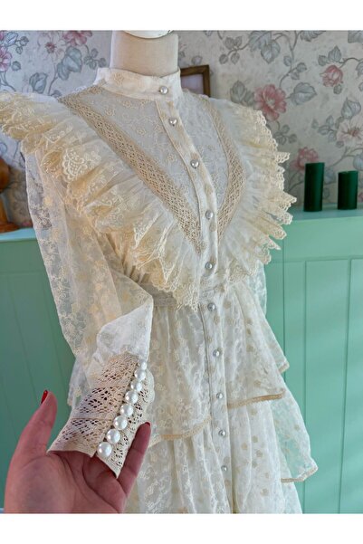 Butik Women's Cotton Lace Fold Ecru, Wedding Evening Dress