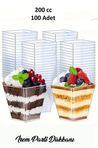 İrem Parti Dükkanı Transparent Crystal Mica Hard Plastic Cubic Prism Bowl 200 Cc 100 Pieces Presentation Container Without Lid