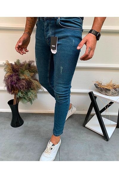 moda biz Ανδρικό τζιν λέιζερ με λεπτή εφαρμογή σε πράσινη απόχρωση
