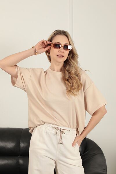 Lukas Gıronda Crew Neck Oversize Two Thread T-Shirt-Beige