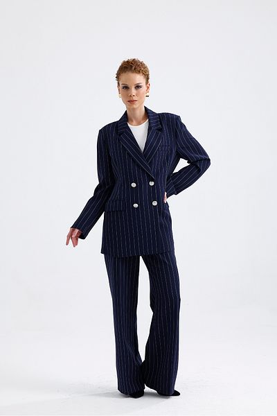 Sense Navy Blue White Striped Hürrem Suit - Lined TK35550