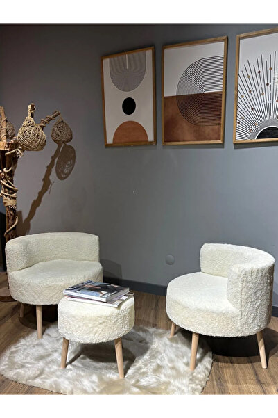 RUSTİKEVDECORART Çay Seti Ikili Koltuk ve Berjer Sehpa Puf Takımı Salon, Balkon,Teras, Ofis 3 Lü Takım Gürgen Ayak