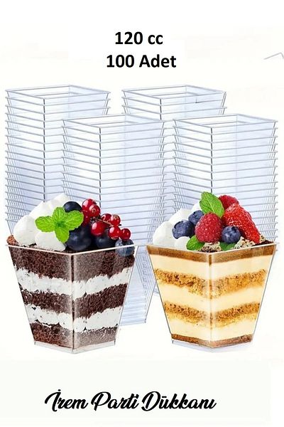 İrem Parti Dükkanı Transparent Crystal Mica Hard Plastic Cubic Prism Bowl 120 Cc 100 Pieces Without Cover Presentation Container