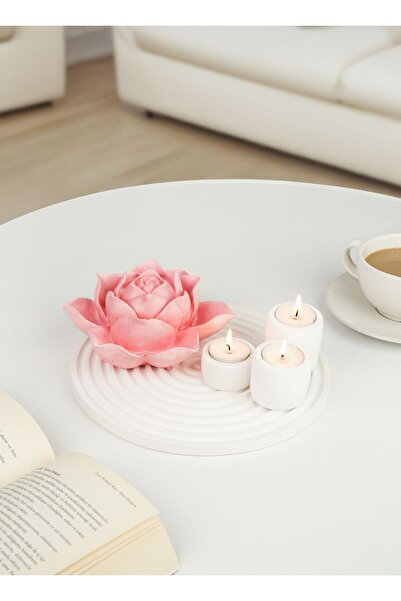 LALEZEN HOME DEV ÇİÇEKLİ SERİ - Çizgili Tepsi Pembe Dev Lotus Çiçeği 3Lu beto...