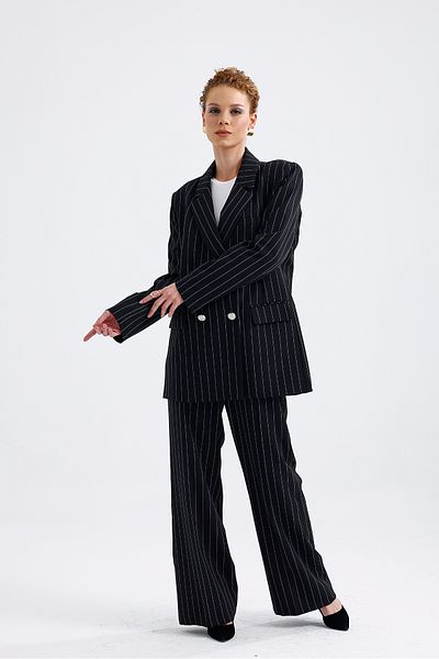 Sense Hürrem Fabric Lined Striped Suit - Black and White TK35550