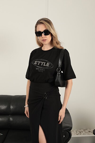 Lukas Single Jersey Fabric Stone Detailed Women's T-Shirt-Black