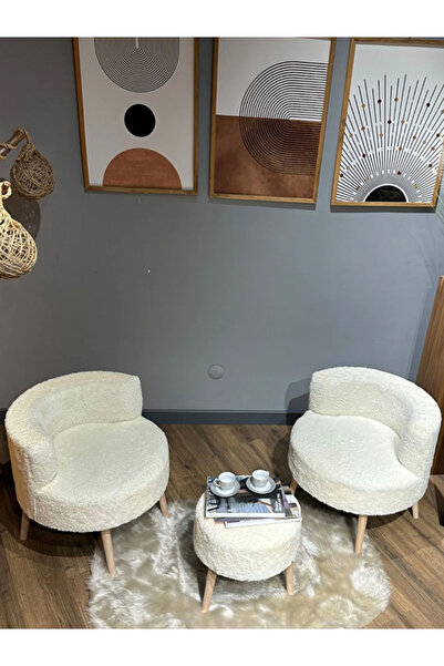 RUSTİKEVDECORART Çay Seti Ikili Koltuk ve Berjer Sehpa Puf Takımı Salon, Balkon,Teras, Ofis 3 Lü Takım Gürgen Ayak