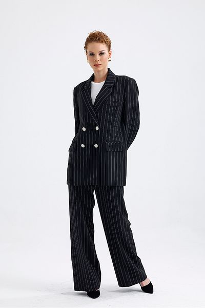 Sense Hürrem Fabric Lined Striped Suit - Black and White TK35550