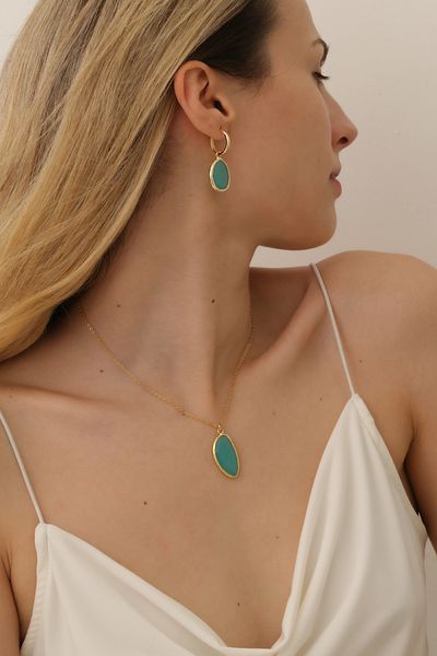 Feyz Tasarım Special Design Necklace Earring Set with Cat's Eye Stone