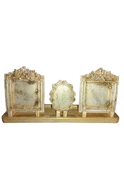 Hediyemiks Dekoratif Ve Hediyelik Altın Işıltılı Fotoğraf Çerçevesi Kare Obje Set 3 1 = 4 Parça