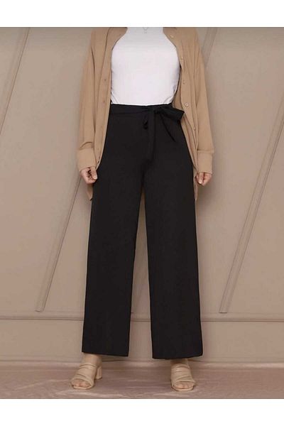 markatrend Women's Lace-Up Waist Crepe Wide Leg Pants