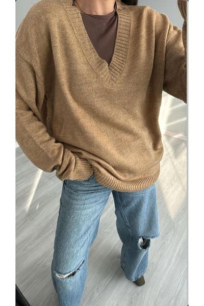 MODAGK V-Neck Soft Oversize Knitwear Sweater - Camel