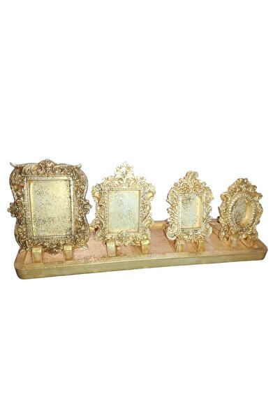 Hediyemiks Altın Işıltılı Fotoğraf Çerçevesi Dekoratif Ve Hediyelik Obje Set 4+1 = 5 Parça