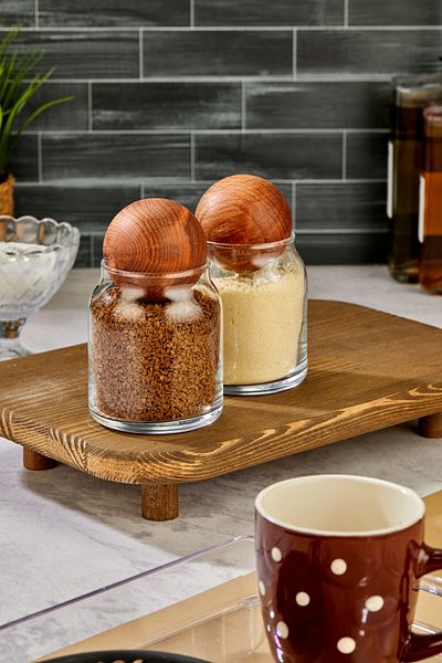 Milenay Rustic Kitchen Elegance - Set of 2 Glass Jars, 500ml Volume, Wooden Ball Lids