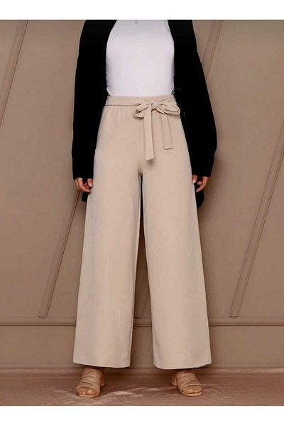 markatrend Women's Lace-Up Waist Crepe Wide Leg Pants