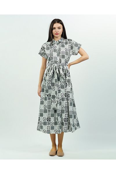 maf collection Rochie de damă neagră cu imprimeu mixt cu curea cu detaliu