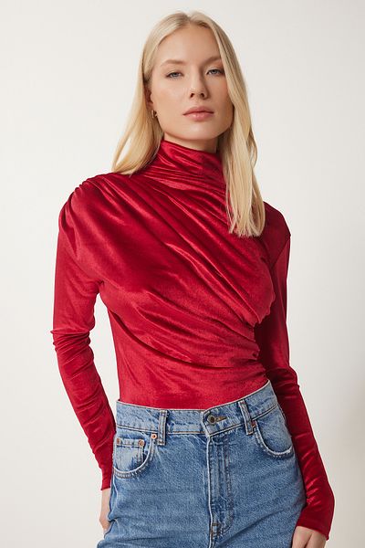 Lovelyİstanbul Red Stylish Velvet Blouse - Drawstring Neck, Lff0019
