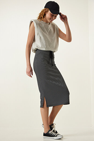 Lovelyİstanbul Πλεκτή φούστα με ριγέ σχισμή τυλιγμένη μαύρη Lff0012