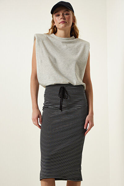 Lovelyİstanbul Πλεκτή φούστα με ριγέ σχισμή τυλιγμένη μαύρη Lff0012