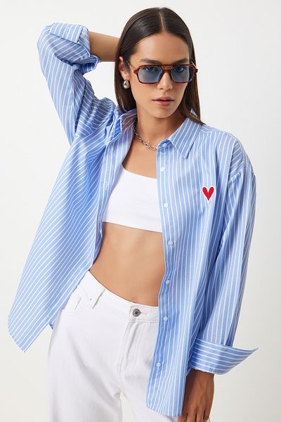 Lovelyİstanbul Πουκάμισο Poplin Oversize - Κεντημένο με καρδιά και ριγέ, Sky Blue White Ldx0001