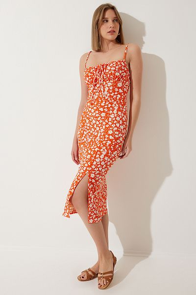 Lovelyİstanbul Rochie tricotată de vară cu fantă cu imprimeu floral ORANJ LCI0003