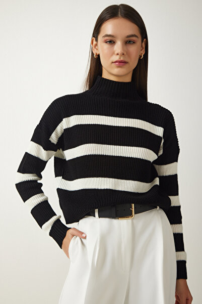 Lovelyİstanbul Pulover de tricotaj cu guler în dungi negre - Lza0003