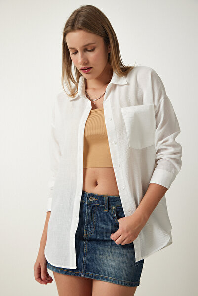 Lovelyİstanbul Υπερμεγέθη λινό πουκάμισο Ayrobin - ΛΕΥΚΟ LDD0009