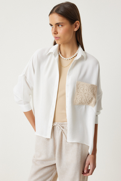Lovelyİstanbul Oversize Linen Shirt - Lace Detailed, Ecru Ltp0002