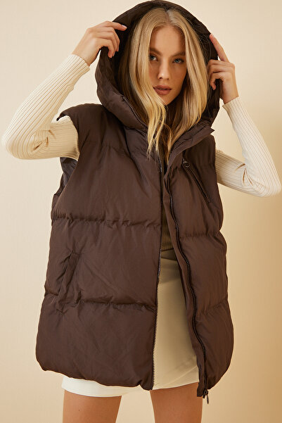 Lovelyİstanbul Oversize Hooded Puffer Vest - Brown Lrv0032
