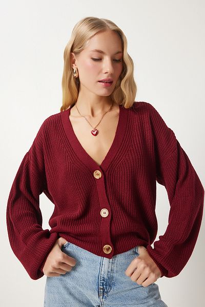 Lovelyİstanbul V-Neck Buttoned Knitwear Cardigan Claret Red Lza0009