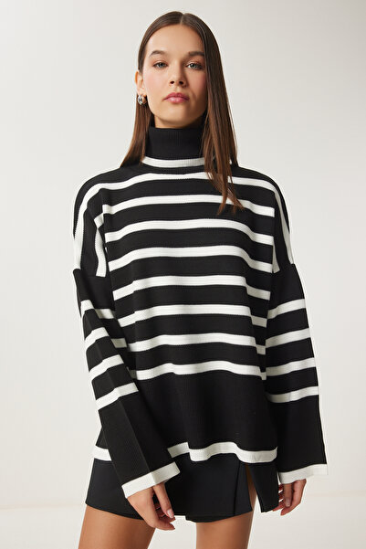 Lovelyİstanbul Balıkçı Yaka Oversize Çizgili Triko Kazak KEMİK SİYAH LBV0021