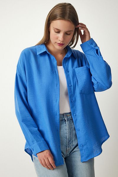 Lovelyİstanbul Cămașă Ayrobin oversize din in albastru - Ldd0009