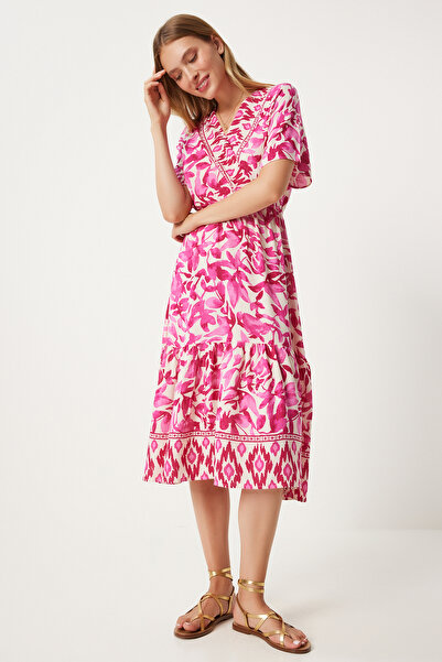 Lovelyİstanbul Καλοκαιρινό φόρεμα βισκόζης με λαιμόκοψη V με ελαστική μέση ΡΟ...