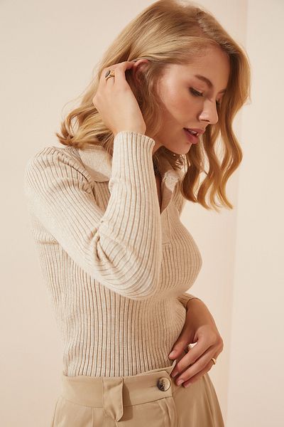 Lovelyİstanbul Πλεκτό πουλόβερ με ραβδώσεις Polo Neck Crop - CREAM LVA0001