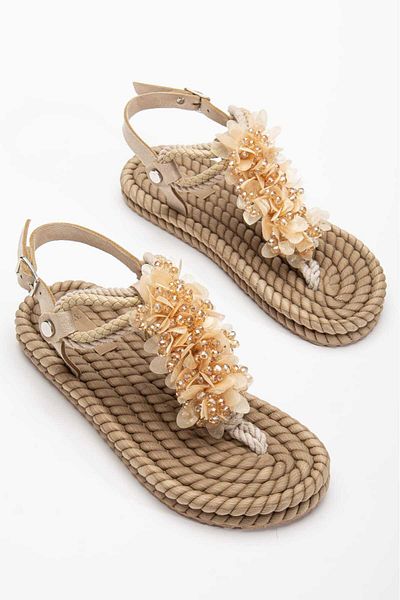 OLA Beige Color Pearl Stone Tulle Patterned Straw Women's Sandals - Flip Flops Rope Drawstring