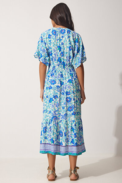 Lovelyİstanbul Rochie de vară din viscoză florală cu decolteu în V ALBASTRU LHF0009